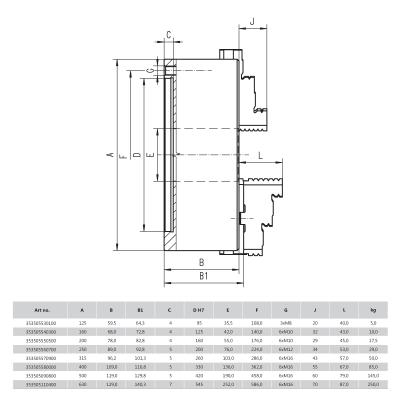 BISON 3-Bakket Centrerpatron Ø125 mm-Stål-DIN 6350-Montering på bagsiden (cylindrisk holder)-3505-125
